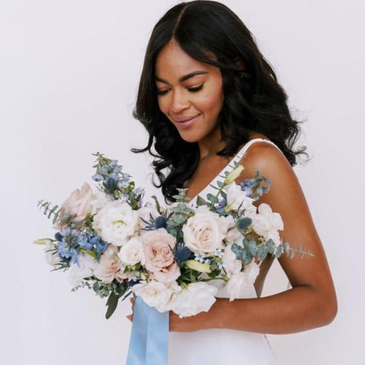 Spring Wedding - Dusty Blue Bridesmaid Dresses and Blush Bouquets