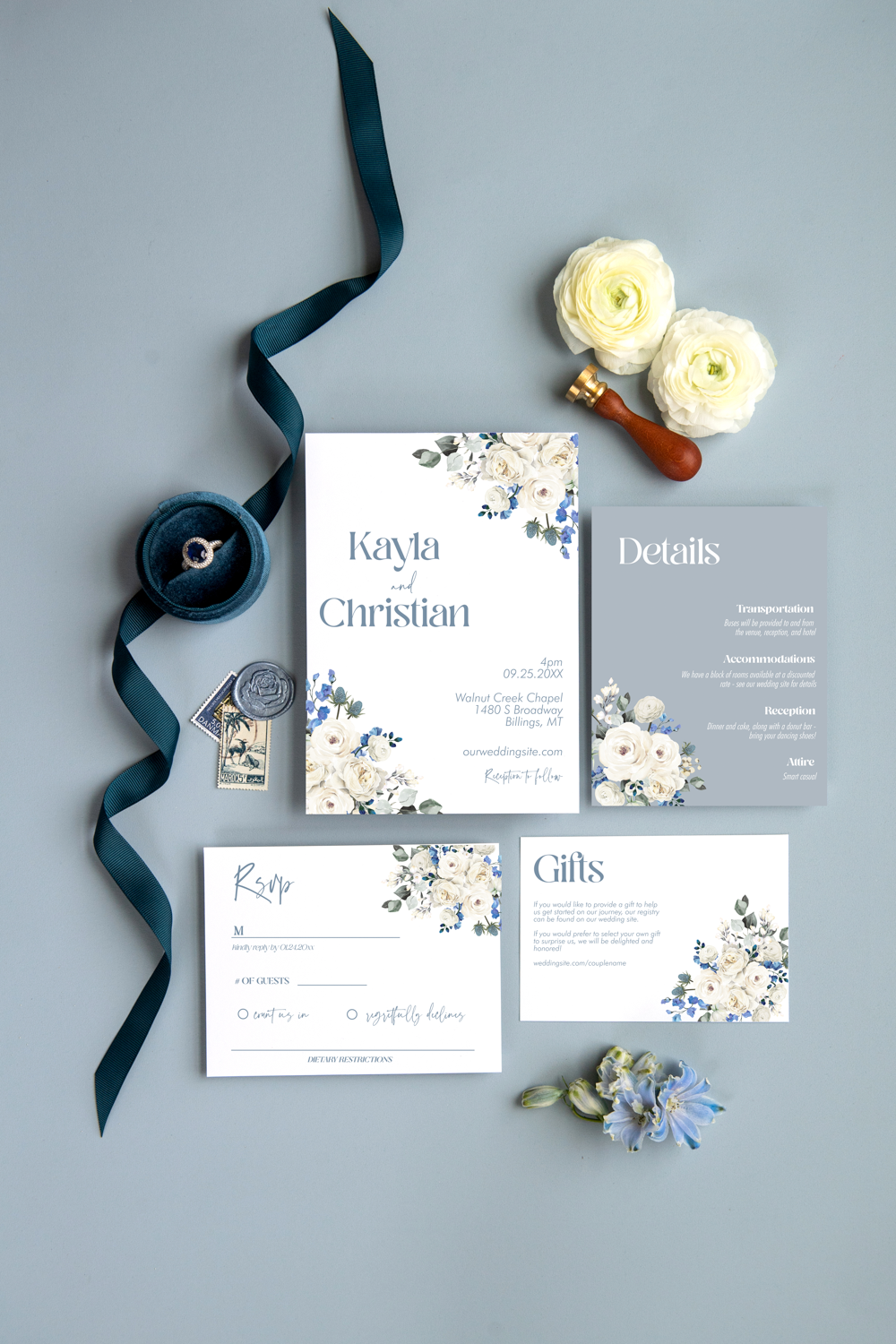 Dusty Blue and Cream Invitation Suite Template 031 Flower Moxie