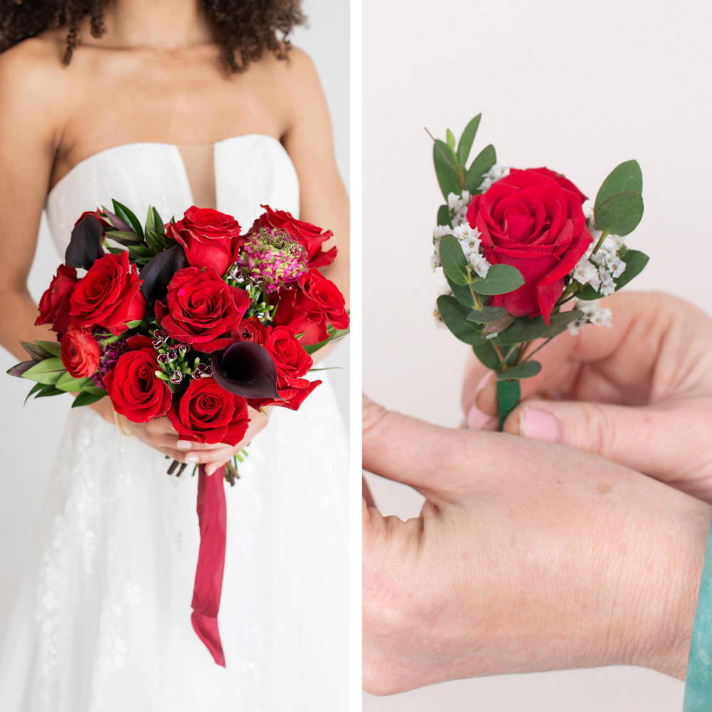 Red Elopement Wedding Florals Set: 1 Bridal Bouquet + 1 Boutonniere. Ready to go!
