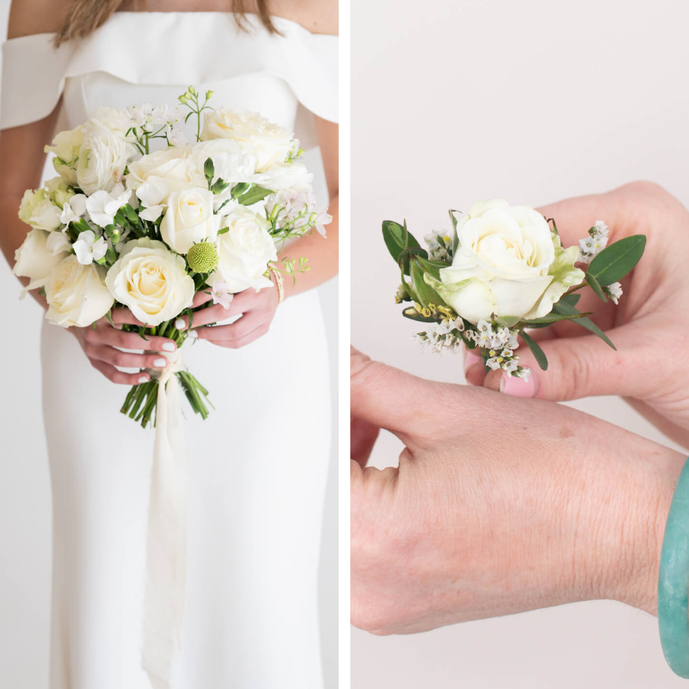 White Elopement Wedding Florals Set: 1 Bridal Bouquet + 1 Boutonniere. Ready to go!
