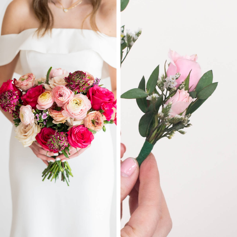 Pink Renegade Elopement Set: 1 Bridal Bouquet + 1 Boutonniere