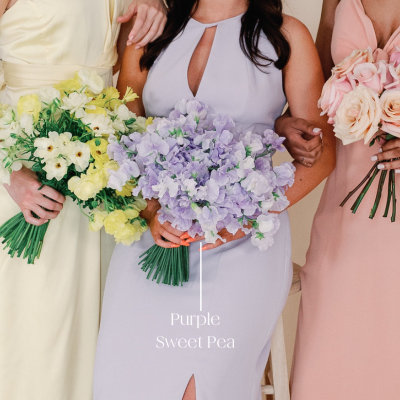 purple sweet pea wedding bouquet