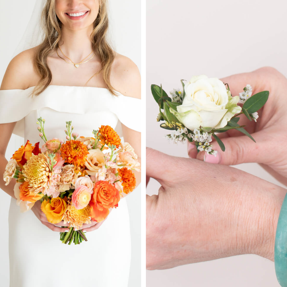 Orange Peach Elopement Wedding Florals Set: 1 Bridal Bouquet + 1 Boutonniere. Ready to go!
