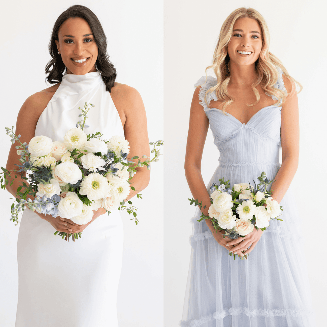 blue and cream bridesmaid dresses White Blue Flower Off The Shoulder Corset Long Bridesmaid Dress with Slit