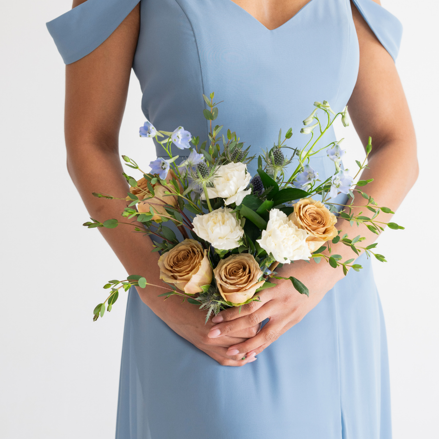 princess polly baby blue dress Bridesmaid bouquet stock photo. Image of flowers, beautiful main image 1