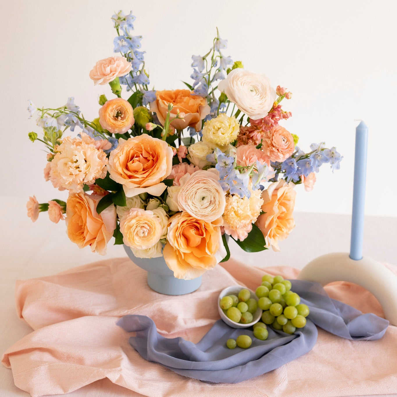 Peach and Blue Compote Centerpiece