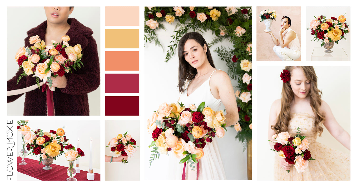 Peach and burgundy wedding flower packages