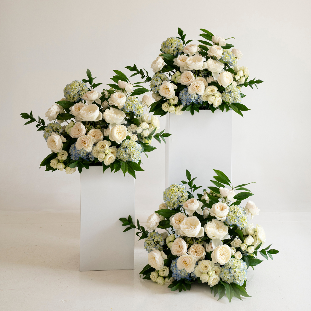 Blue and Cream Garden Rose Large Ceremony Pillar Arrangement