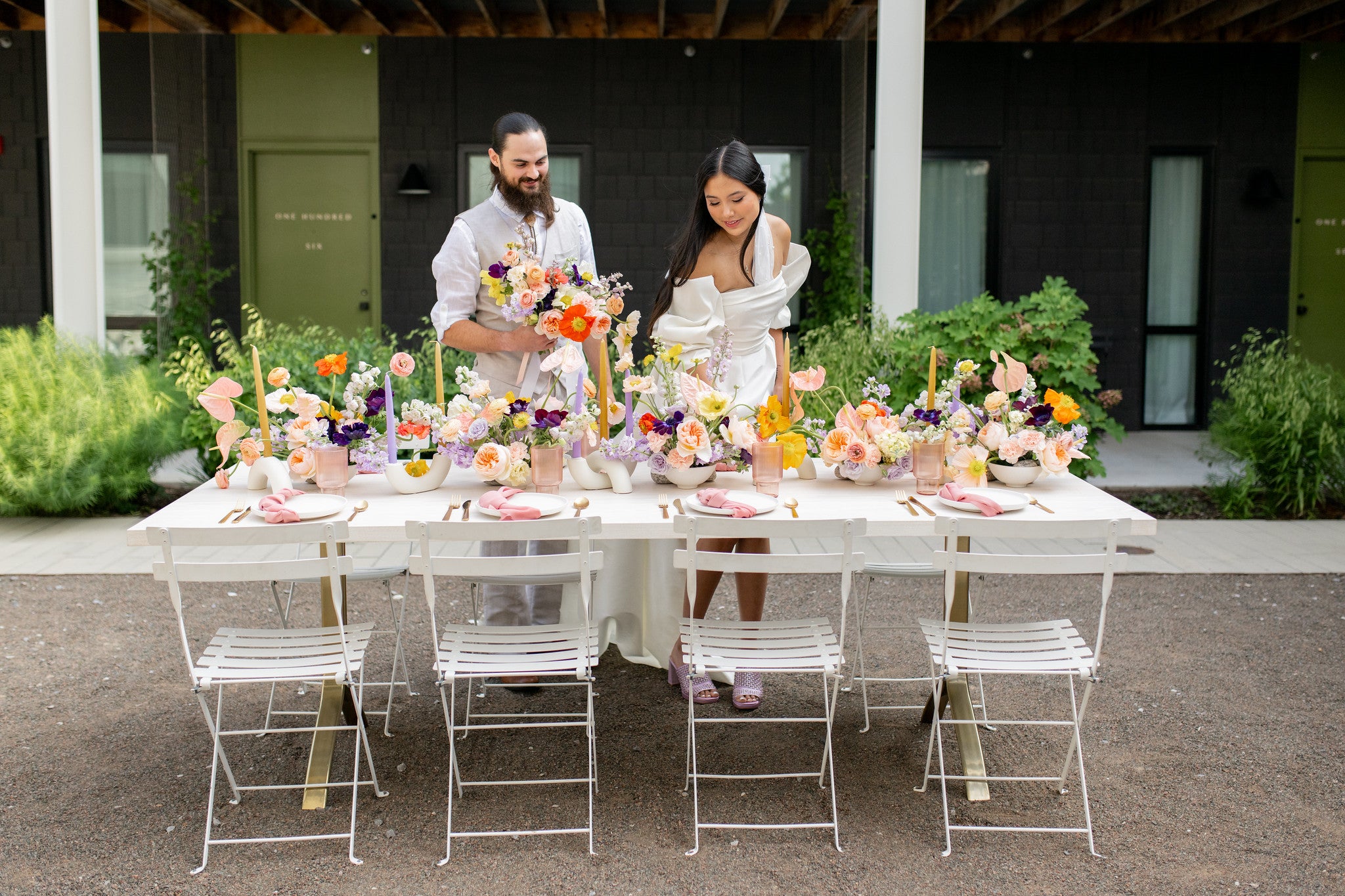 Table decorated with colourful centerpieces