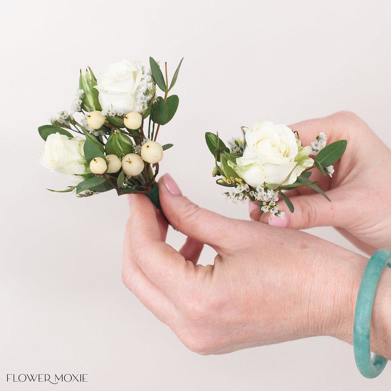 White Boutonniere and Pinned on Corsage
