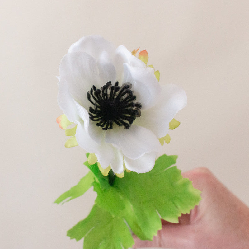 Silk White Anemone Flower with Black Center