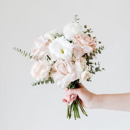 Dusty Blush and Cream Bridal Bouquet with Quicksand Roses by Flower Moxie