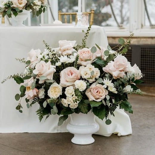 Dusty Rose and Cream Ceremony Wedding Flowers with Quicksand Roses by Flower Moxie