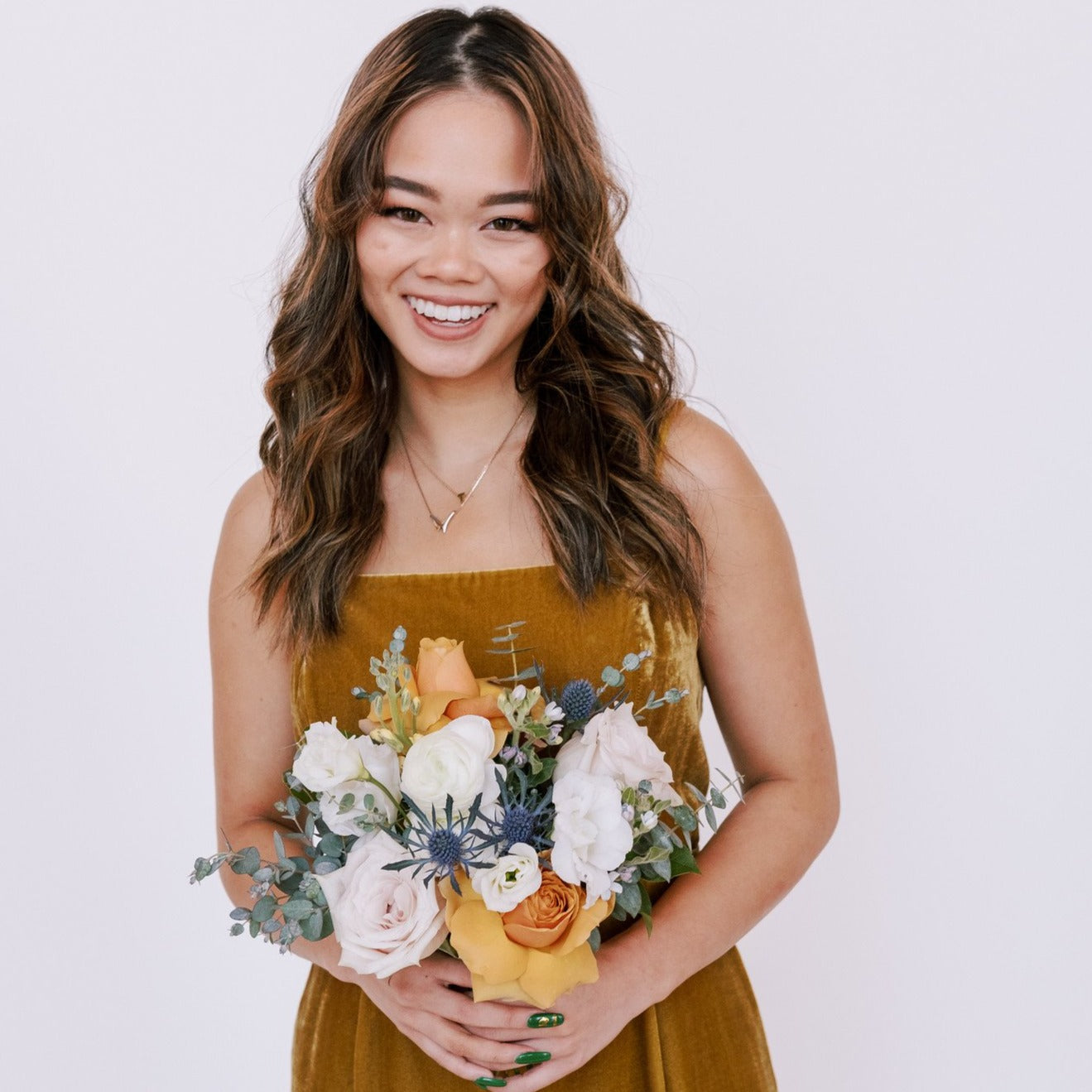 Mustard, Blue, and Dusty Blush Bridal Bouquet for DIY Wedding Flowers