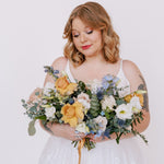 Mustard, Blue, and Dusty Blush Bridal Bouquet for DIY Wedding Flowers