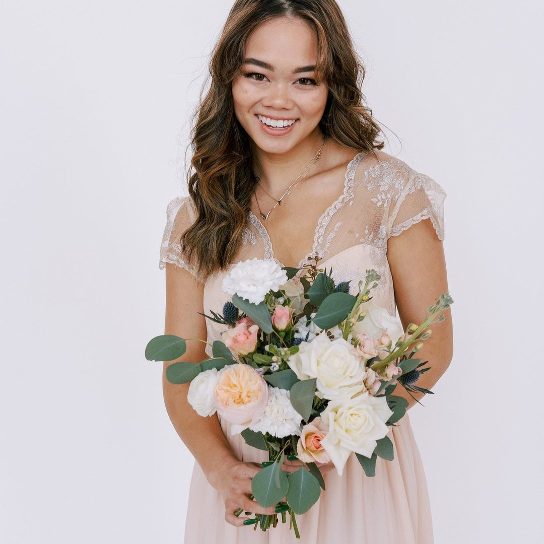 Blue and Peach Bridesmaid Bouquets | DIY Wedding