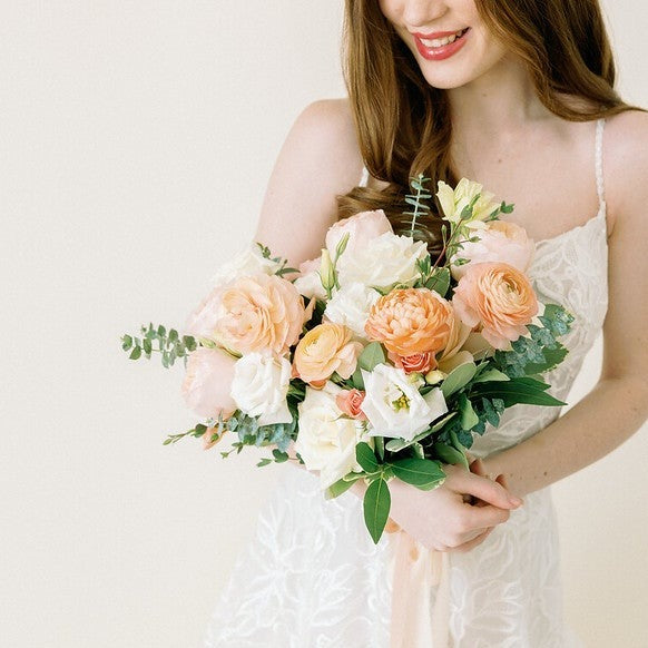 Peach and Cream Bridal Bouquet for DIY Wedding Flowers by Flower Moxie, Peach Juliet Garden Roses and Peach Ranunculus Bouquet