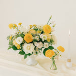 Yellow and Cream Centerpiece with Feverfew and Yellow Ranunculus DIY Wedding Flowers