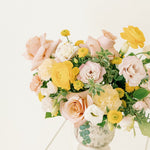 Pink and Yellow Wedding Centerpiece by Flower Moxie