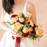 Peach and Burgundy Bridal Bouquet by Flower Moxie