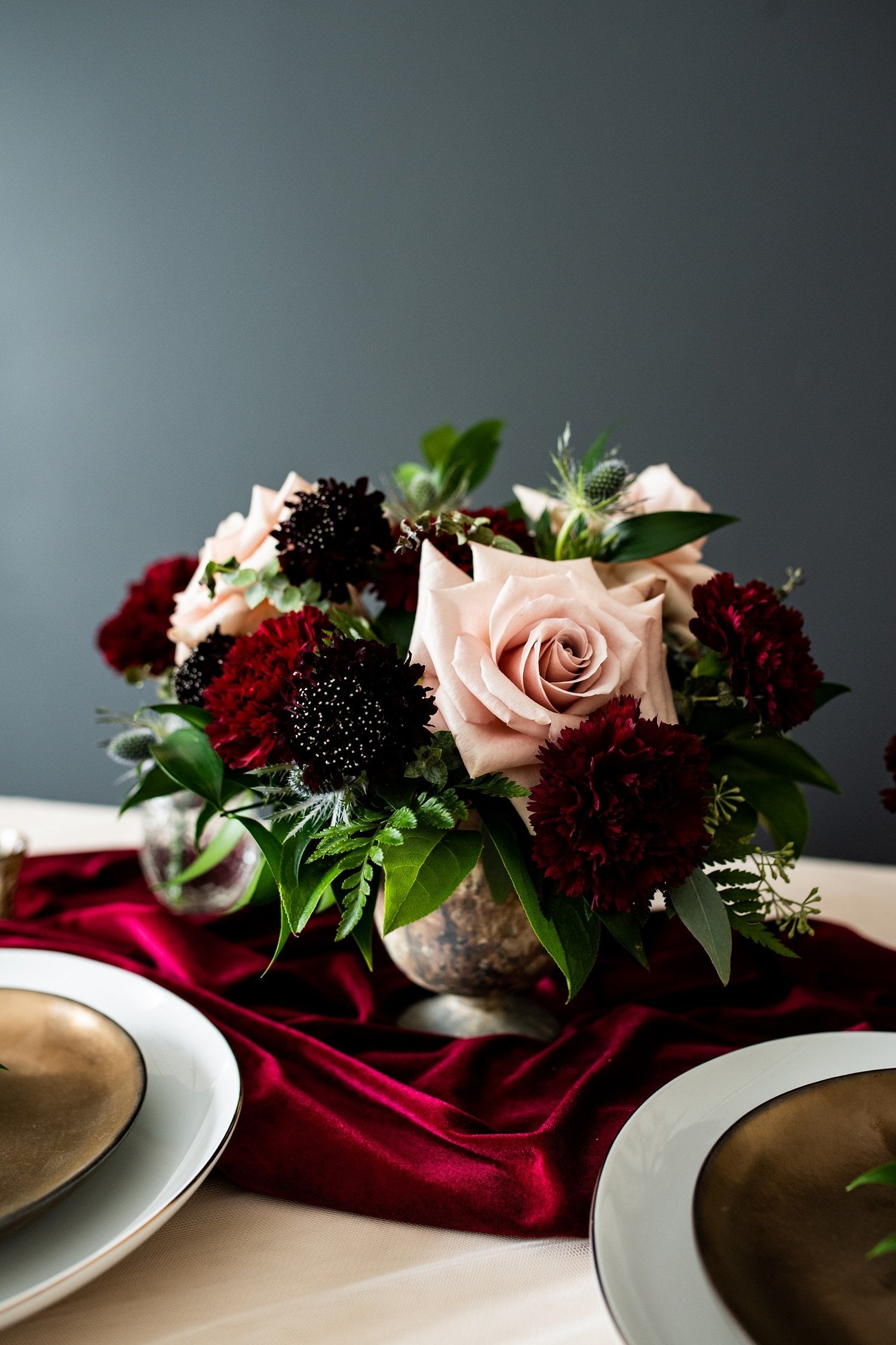 quicksand rose, burgundy scabiosa, thistle, and burgundy carnation centerpiece.  DIY wedding flower packages
