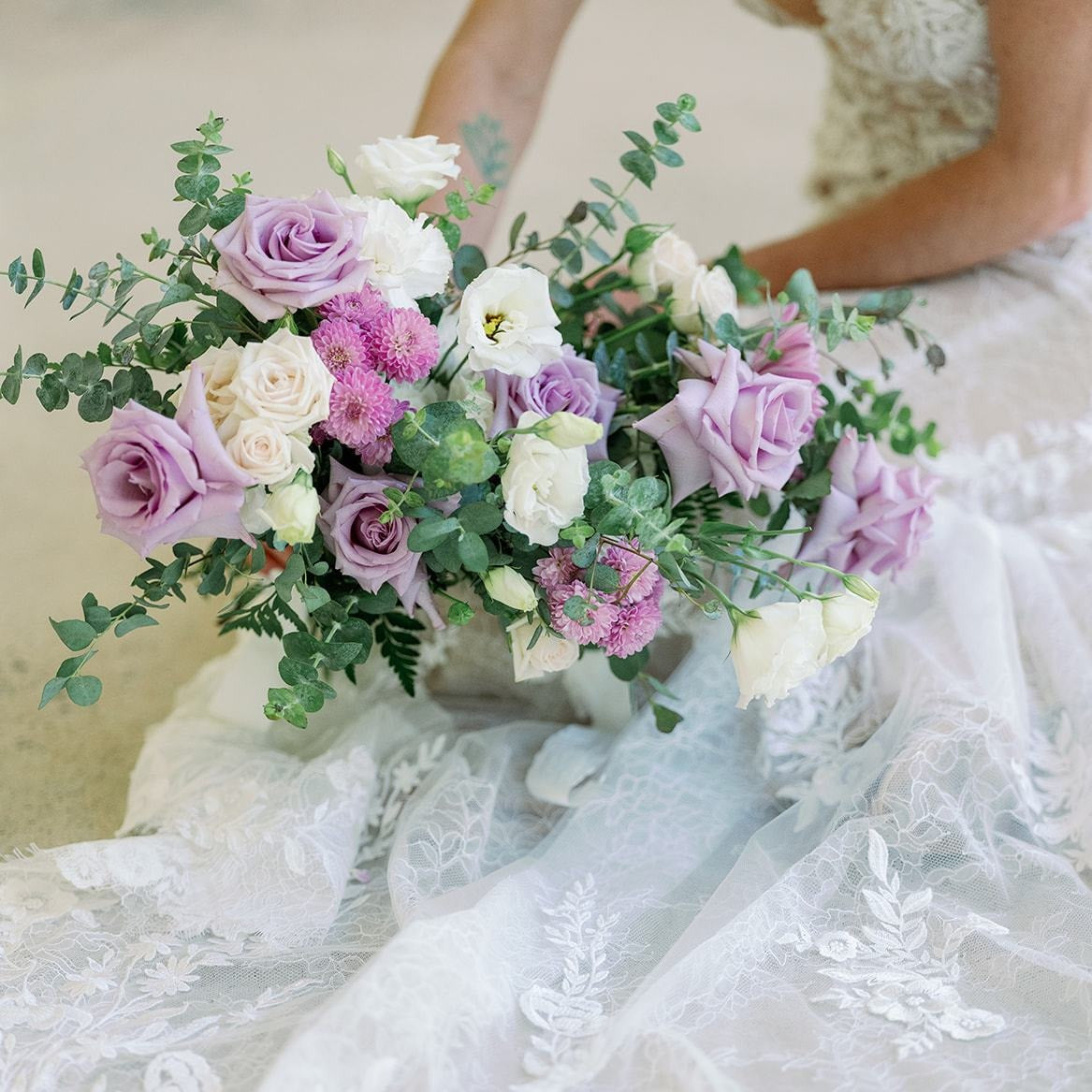 Lavender and cream Bridal Bouquet with Ocean Song, White Lisianthus, White Carnations DIY Flower Moxie