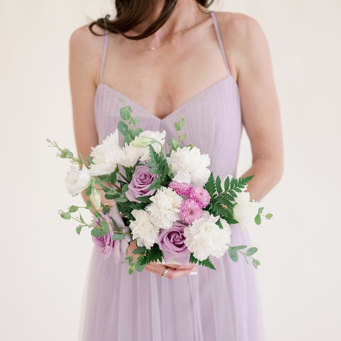 Lavender and cream Bridesmaid Bouquet with Ocean Song, White Lisianthus, White Carnations DIY Flower Moxie