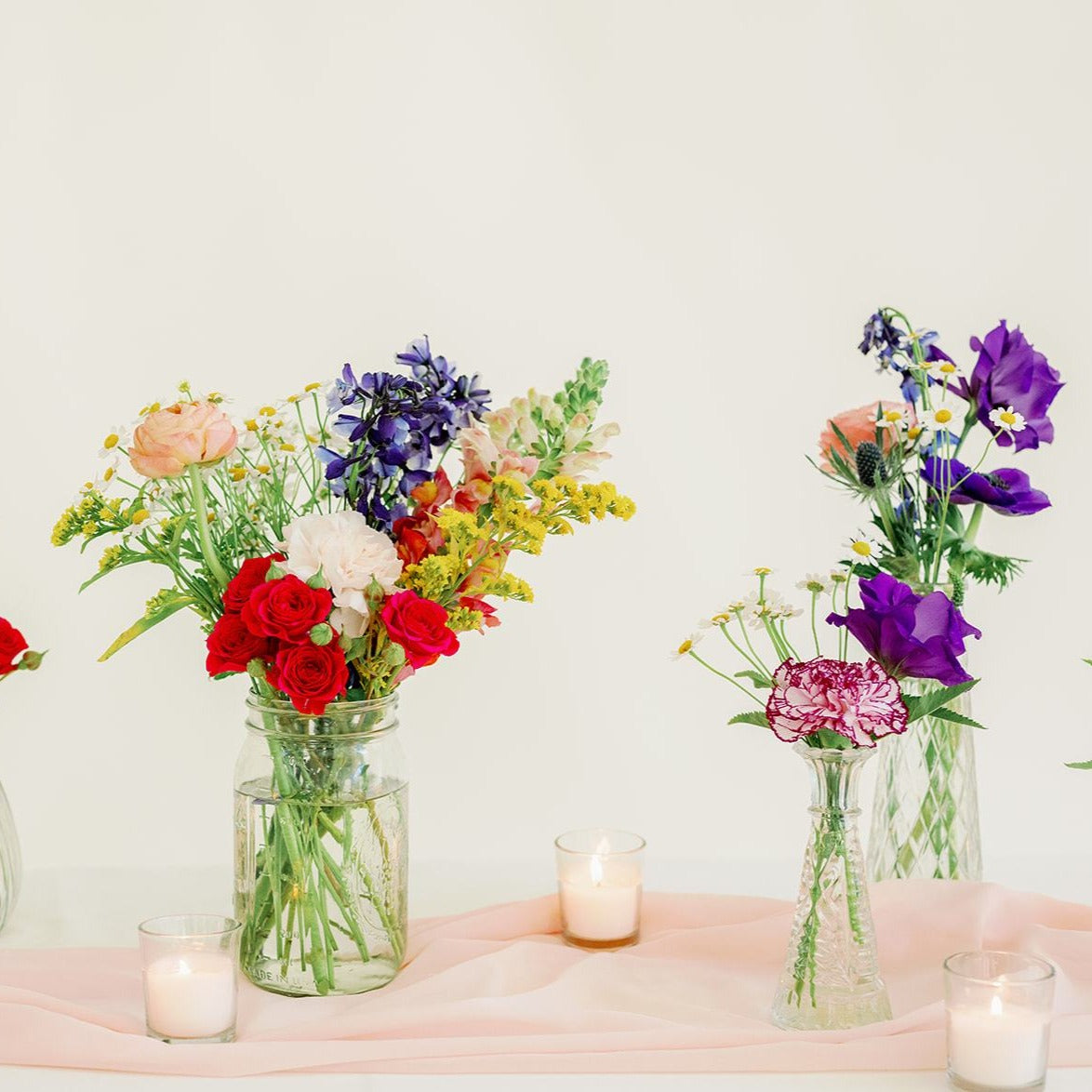 Wildflower Centerpiece with bud vases and mason jars, colorful wildflower for DIY Weddings