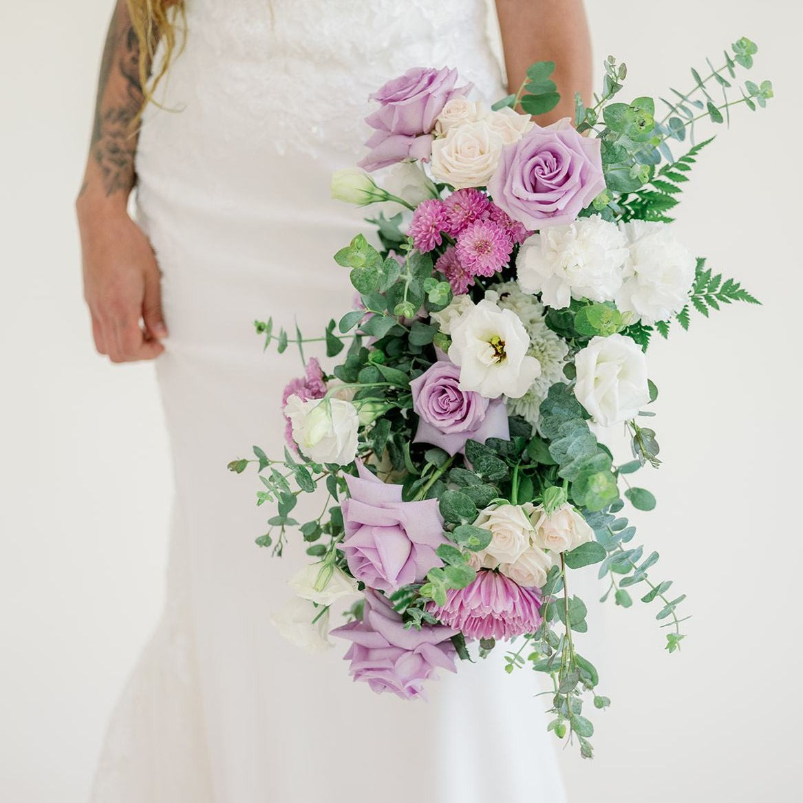 Lavender and cream Bridal Bouquet with Ocean Song, White Lisianthus, White Carnations DIY Flower Moxie