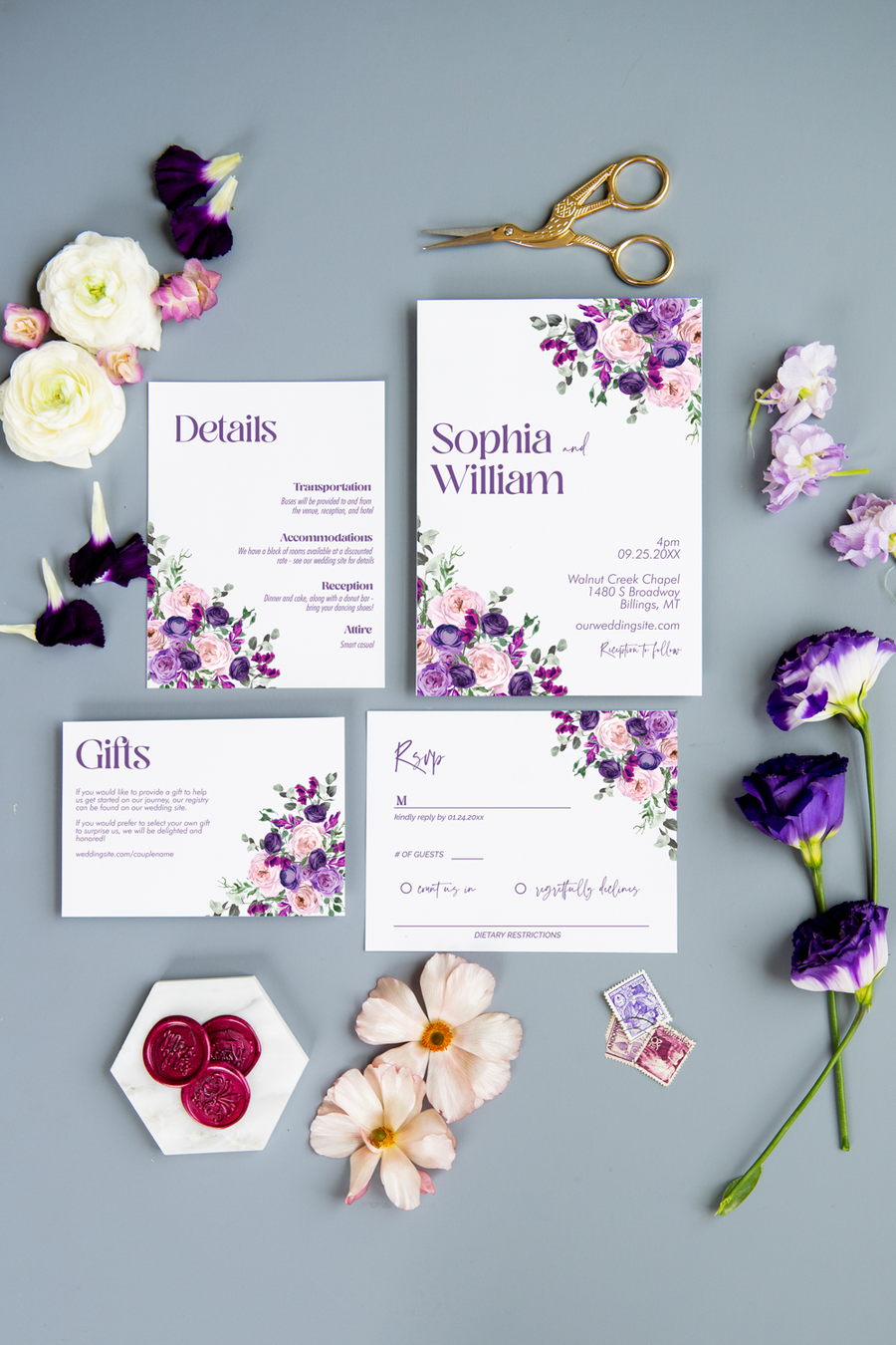 lavender flower wedding invitations Eggplant and Lavender Invitation Suite Template