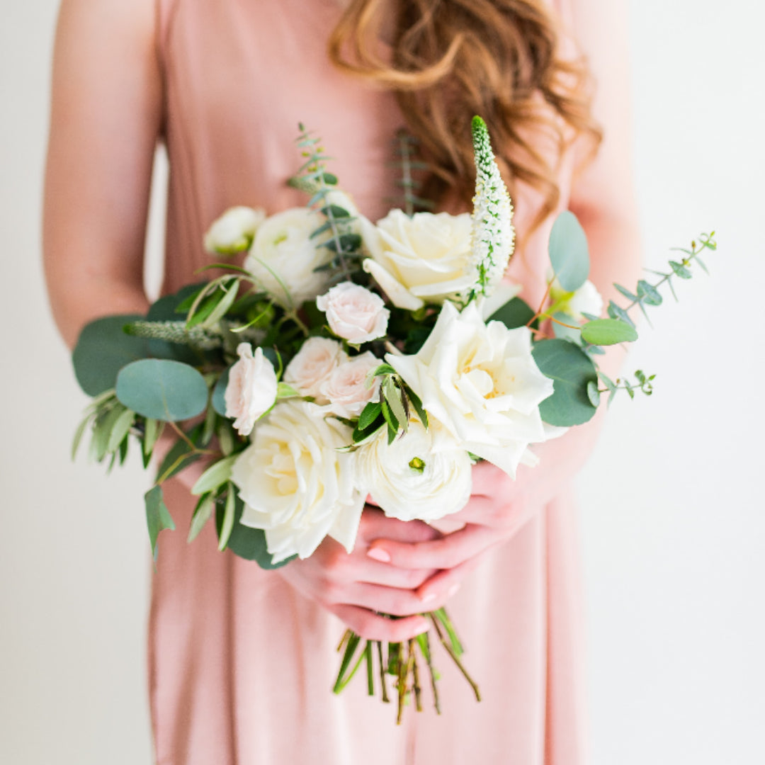 Sage and Cream bridesmaid Bouquet, Flower Moxie, DIY wedding Bouquet, ranunculus bouuqet, baby blue eucalyptus, veronica bouquet