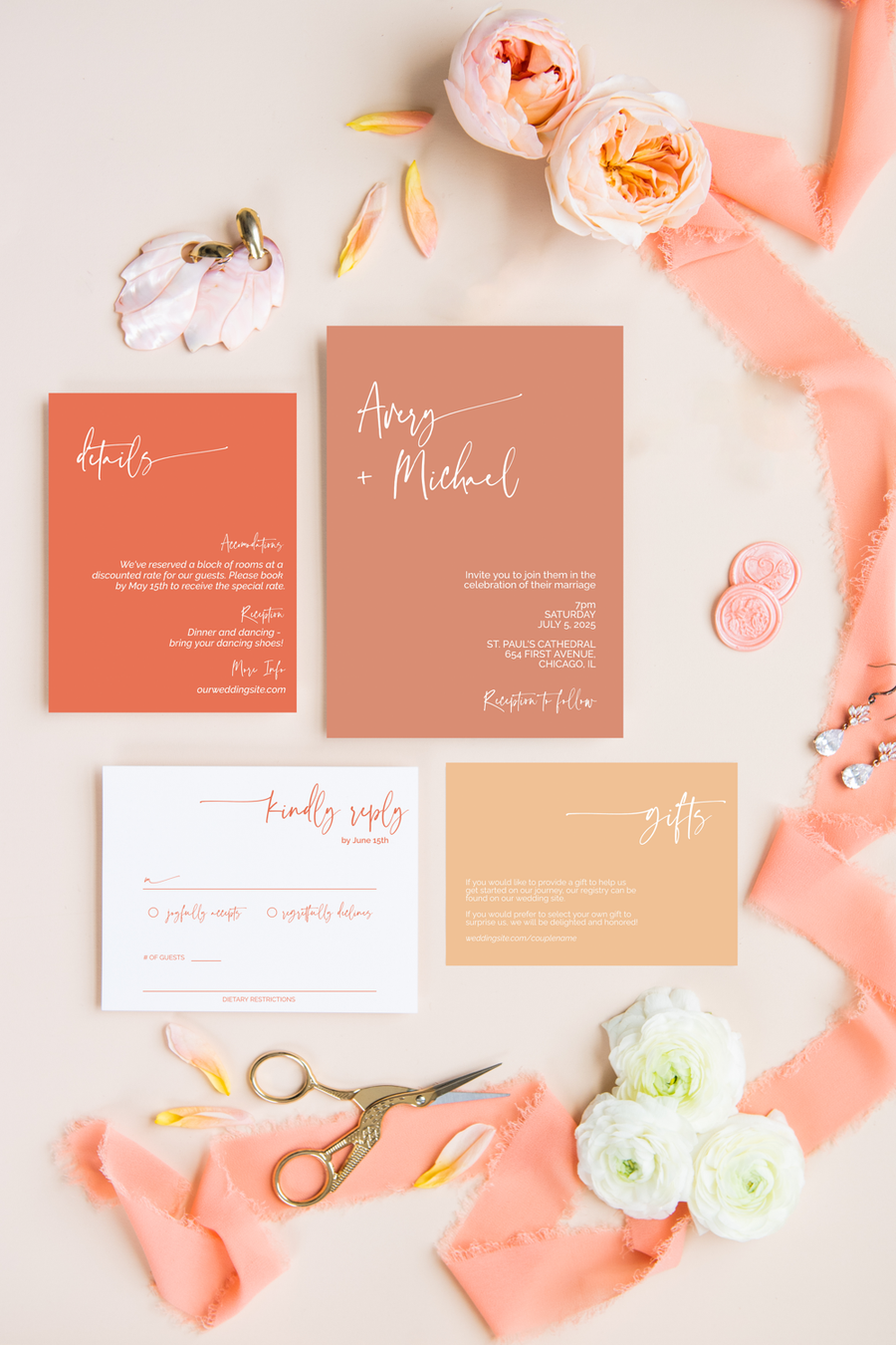 Peach and Coral Minimalist Invitation Suite Template - 025, image size:900x1350